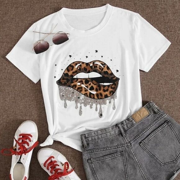 SHEIN White & Brown Cheetah Lips Bling Shabby Chic Drip Stars Basic Tee Shirt  - Picture 1 of 6